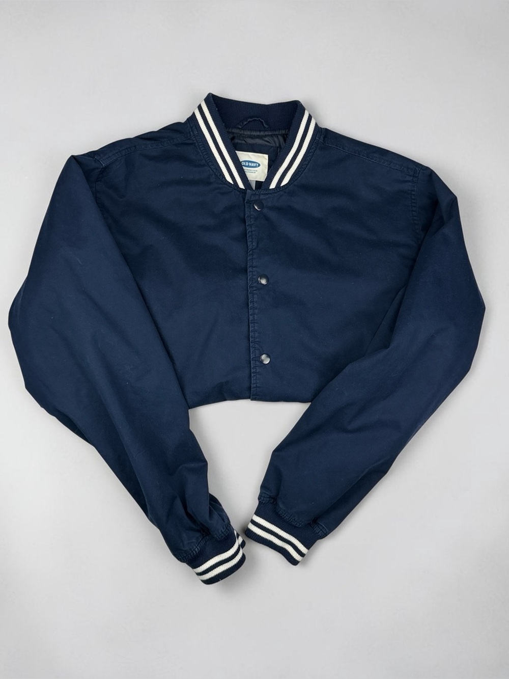 Old Navy Men’s XL Navy Cotton Varsity Bomber Jacket Striped Rib Trim Snap Front - Picture 9 of 17